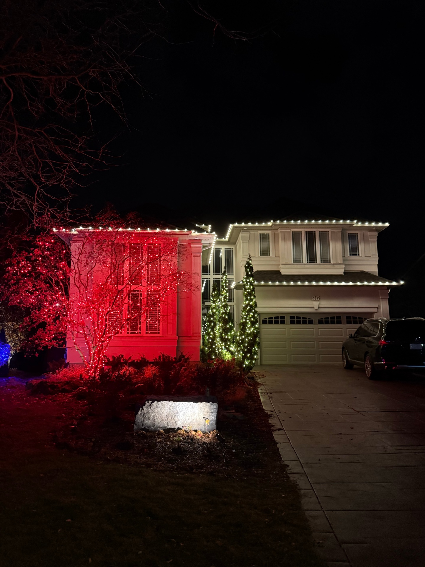Christmas lights installed across a house roofline and mature trees in Hamilton