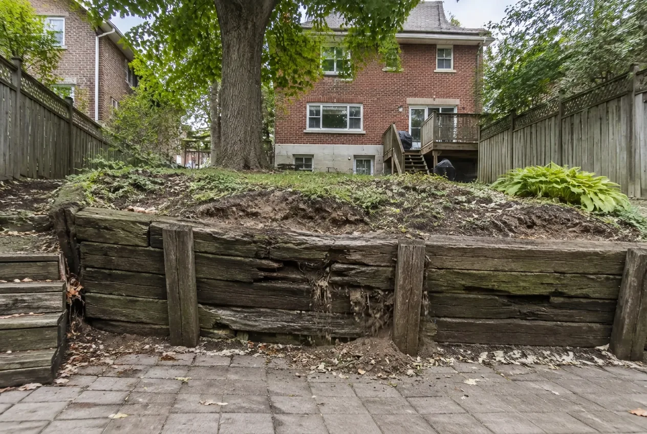 Old leaning railway-tie retaining wall before replacement